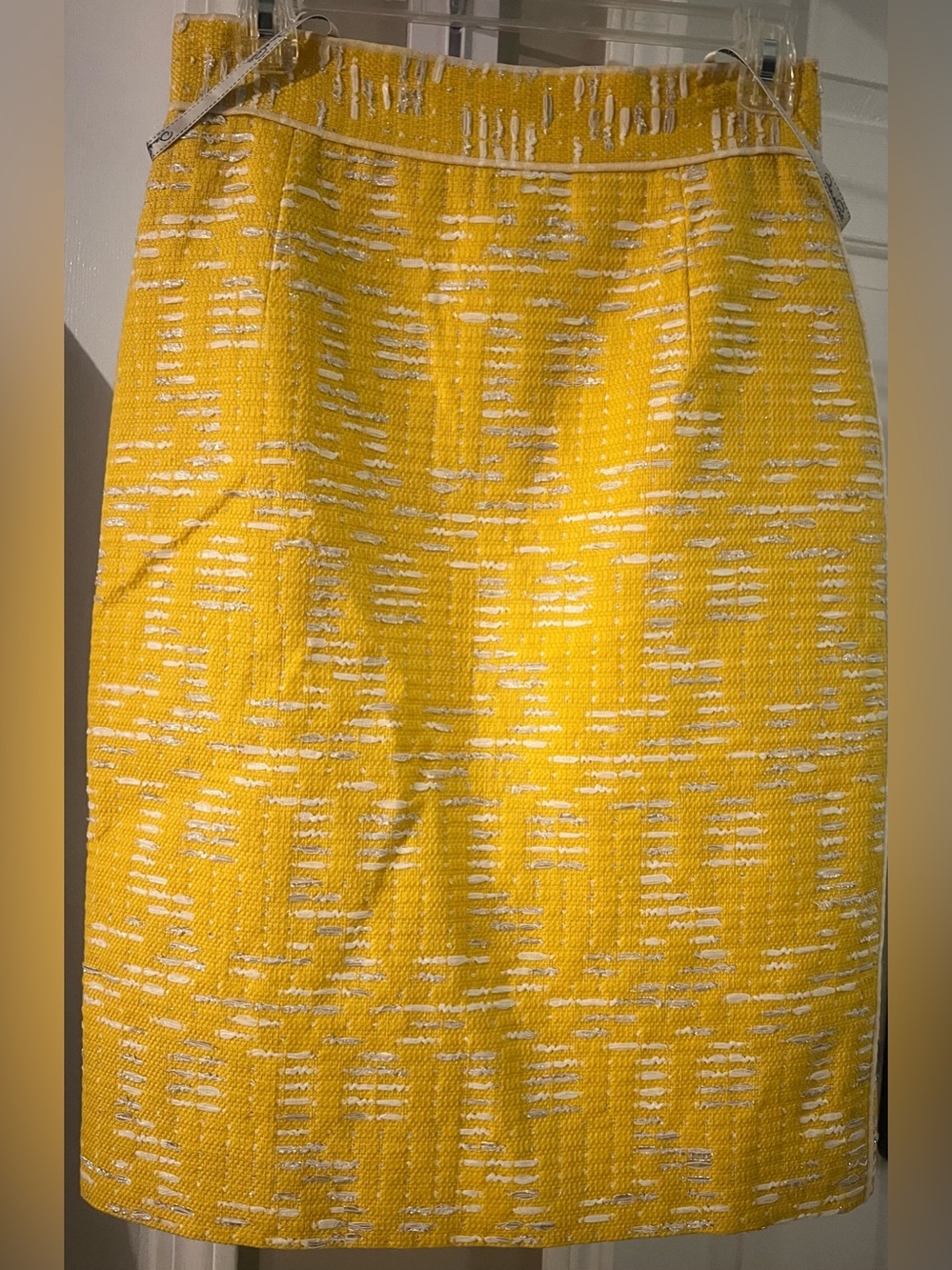 Oscar de la Renta Yellow, White, Silver Thread Tweed Pencil Skirt